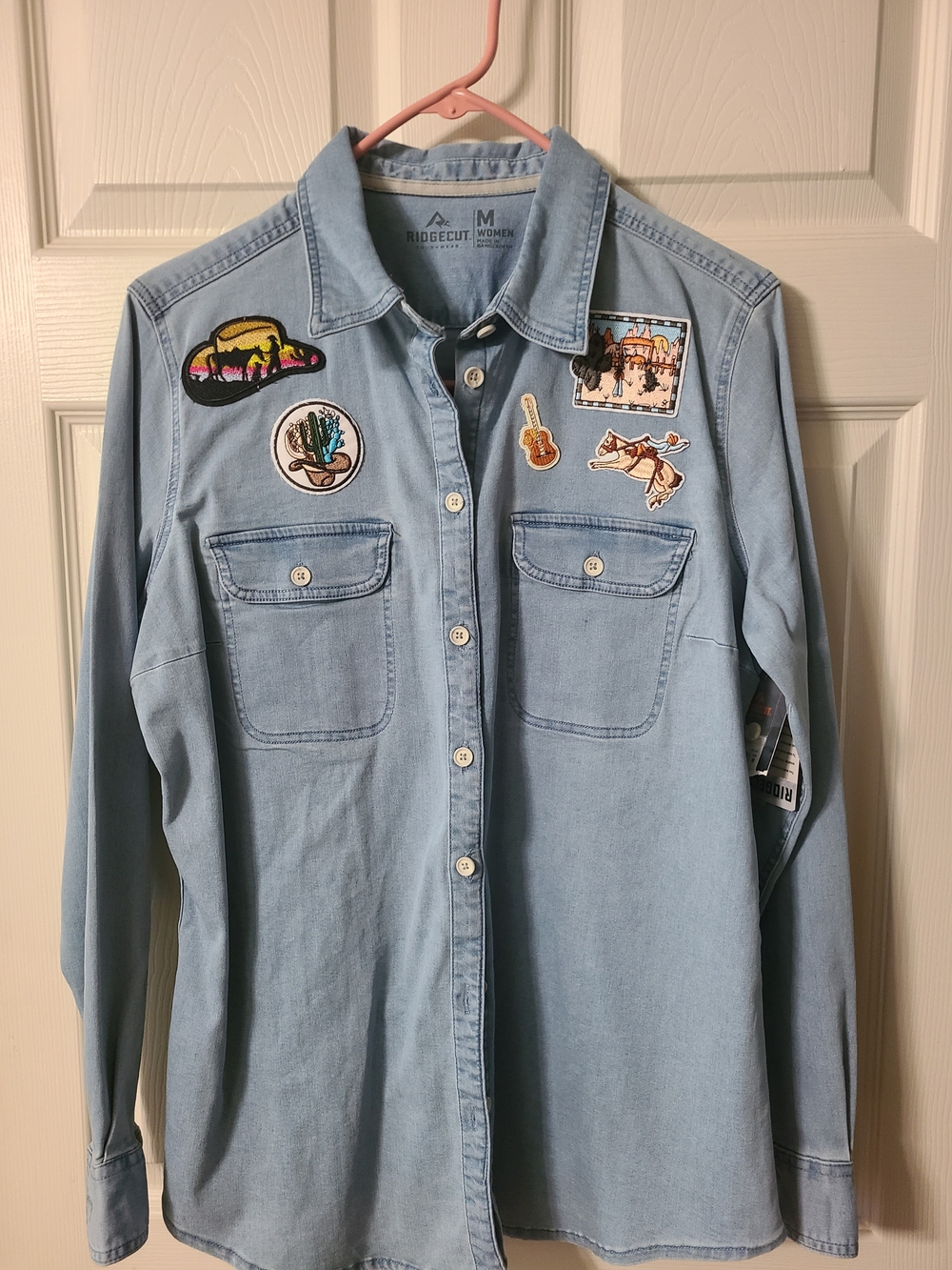 Light Blue Denim Button-Down Shirt with Patch Details - Women